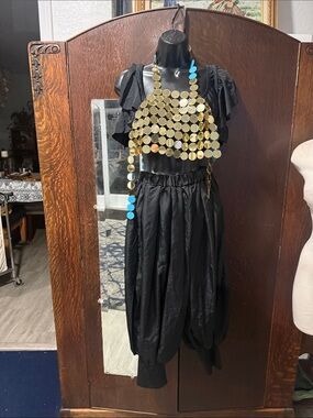 Kids Gold Coin Belly Dance Costume Top with Black Pants